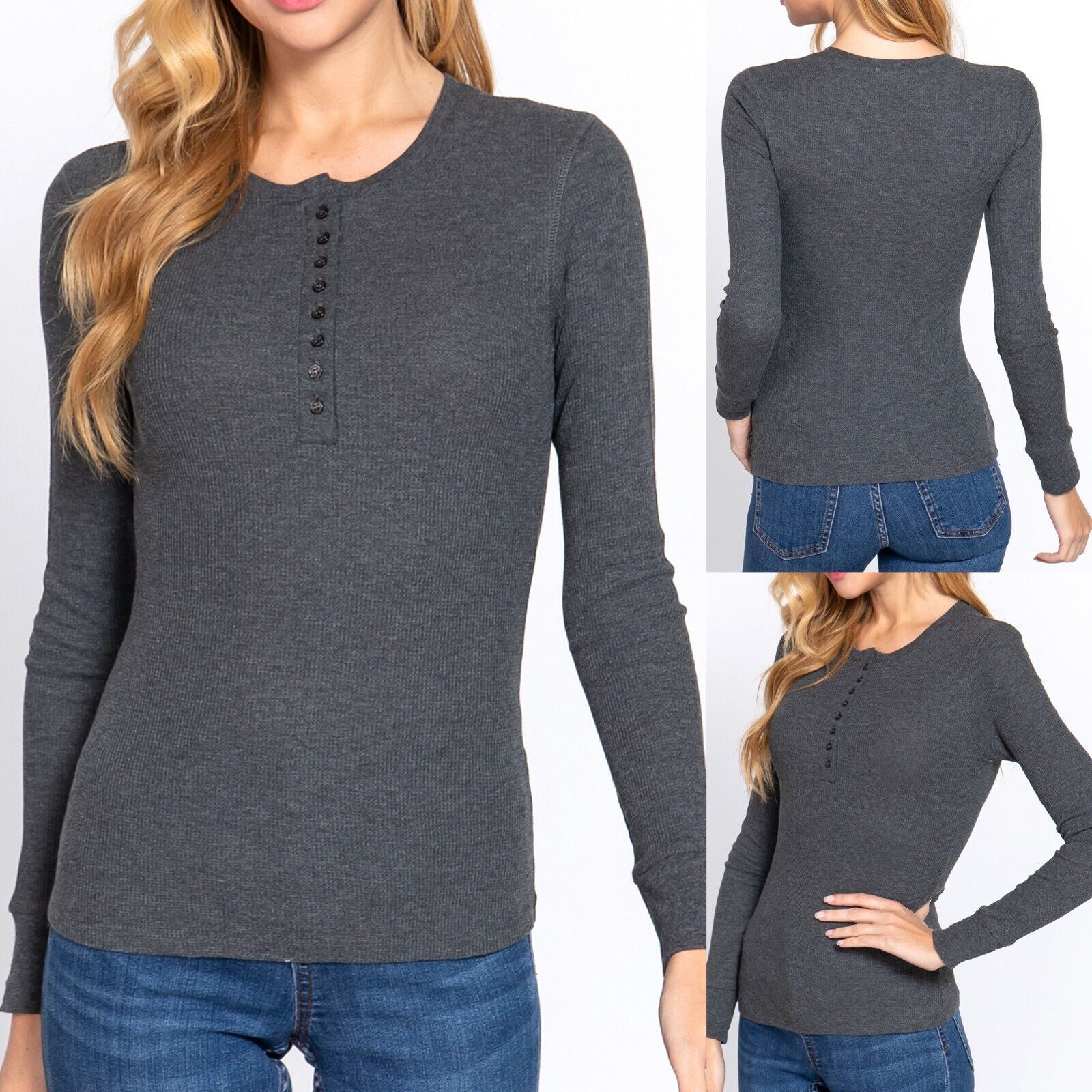 Active Basic Henley Warm Soft Thermal Top Button T-Shirt Waffle Knit Layering