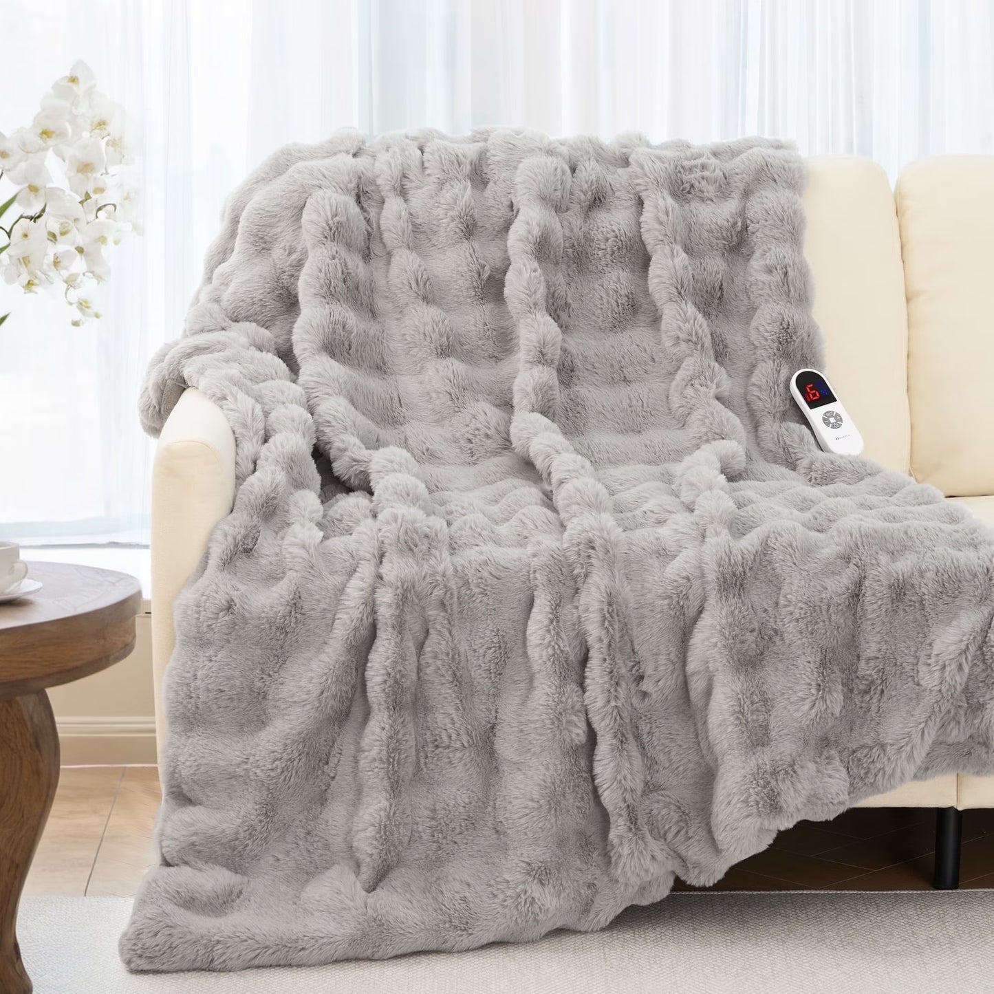 Electric Throw Blanket 50"X60", Faux Fur Heated Throw, 6 Heating Levels, 4 Hours Timer, Gray