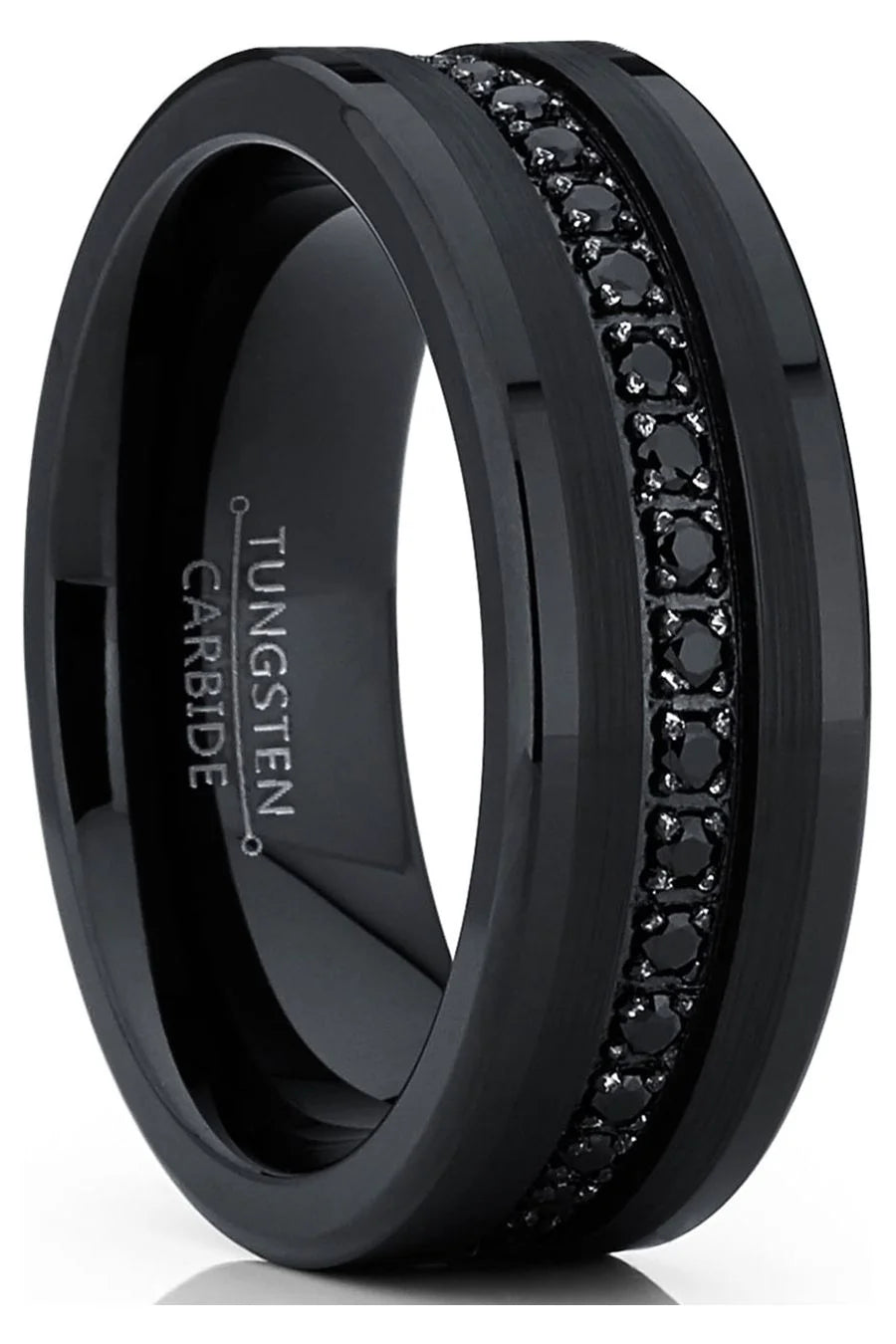 Mens Genuine Tungsten Black Wedding Band Eternity Ring Cubic Zirconia Comfort-Fit