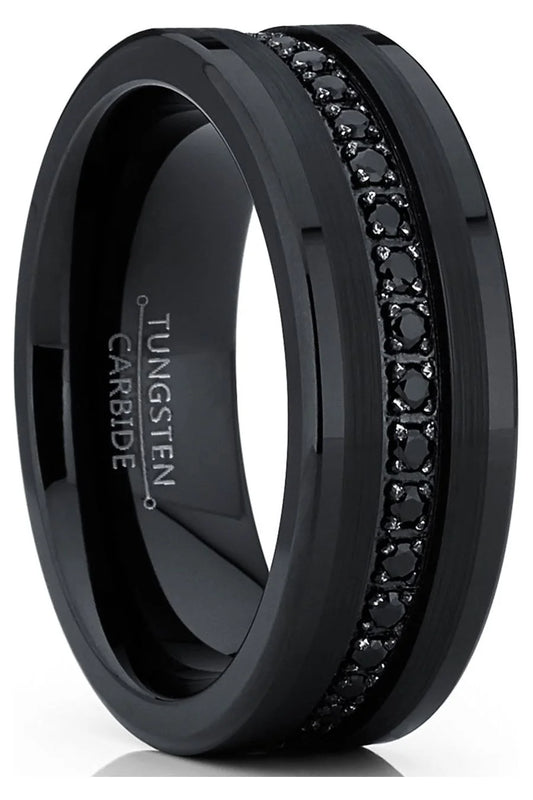 Mens Genuine Tungsten Black Wedding Band Eternity Ring Cubic Zirconia Comfort-Fit