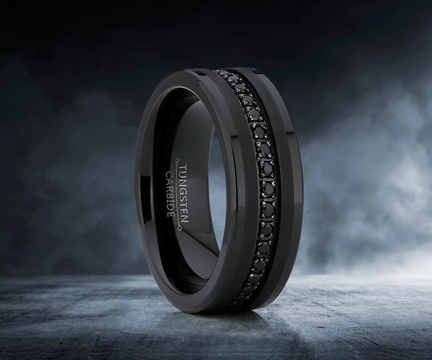 Mens Genuine Tungsten Black Wedding Band Eternity Ring Cubic Zirconia Comfort-Fit