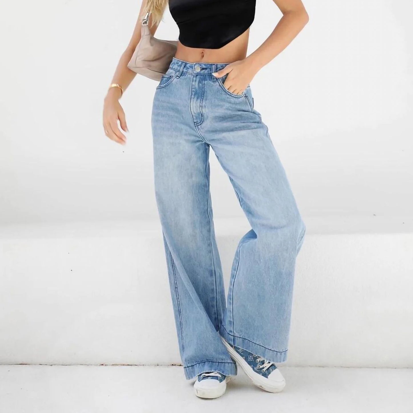 Women'S Fashion Jeans High Waisted Wide Leg Jeans Summer Casual Straight Baggy Jeans Color Block Patch Denim Trousers Dark Blue,S